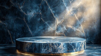 Poster - Elegant Marble Podium with Minimal Spotlight on Dark Blue Background for Premium Product Display