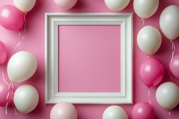 Poster - Colorful pink and white balloons and an empty frame arranged on a wall for a festive celebration inviting