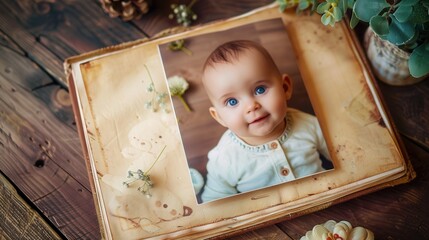 Wall Mural - Capturing precious moments in a charming baby photo album filled with memories of infancy and childhood. Generative AI