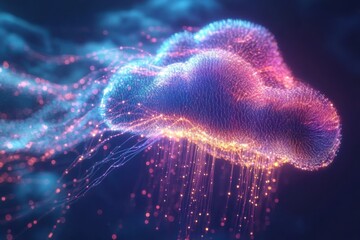 Poster - Colorful digital cloud with glowing particles and rain effect illuminated by blue and purple lights at night