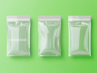 A realistic depiction of a clear plastic bag with a zip locker, set against a solid green background, perfect for showcasing storage solutions or packaging designs.