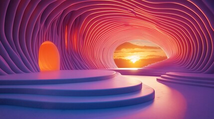 Canvas Print - Abstract sunset view through wavy tunnel with platform.