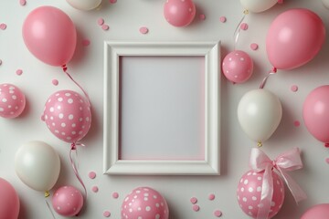 Poster - Colorful pink and white balloons and an empty frame arranged on a wall for a festive celebration inviting