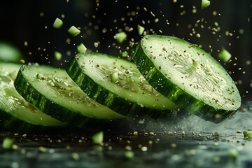 Wall Mural - Freshly sliced cucumbers create an explosion of flavor and texture in this artistic presentation. A vibrant display for health-conscious dishes. Generative AI