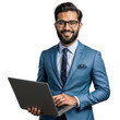 © KINGart STUDIOS - Portrait of a cheerful young businessman wearing a blue suit, confidently holding a laptop and smiling,  isolated on a Transparent background