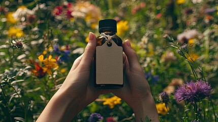 Wall Mural - Essential oil of flowers and herbs in a jar with a tag in hands. Selective focus.