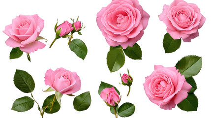 Wall Mural - set / collection of beautiful pink roses, flowers, buds and leaf, isolated over a transparent background, cut-out floral, perfume / essential oil or garden design elements, top view / flat lay, PNG