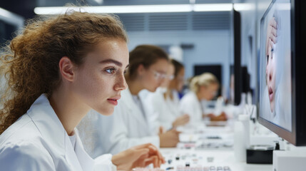 Poster - young professionals engaged in scientific research in a modern laboratory setting focused on advance