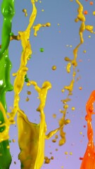 Poster - Super Slow Motion of Flying Colored Splashes, Isolated on Colored Background. Filmed on High Speed Cinema Camera, 1000fps. Camera in Motion. Vertical Aspect Ratio.