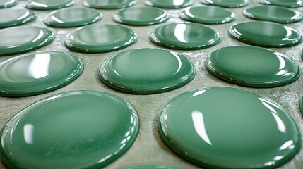 Poster - Glossy green circular objects on a flat surface.