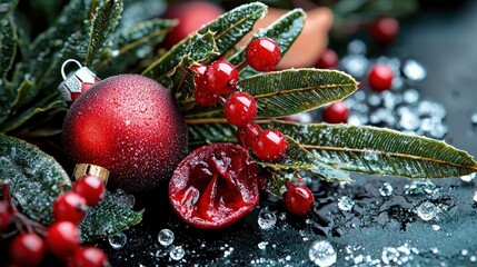 Wall Mural - Red Christmas bauble with holly berries and frosted leaves on dark background.