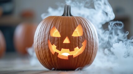 Wall Mural - Lit jack-o'-lantern with spooky smoke.