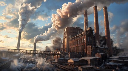 Poster - towering coal fired power plant with large smokestacks releasing steam into the sky surrounded by an