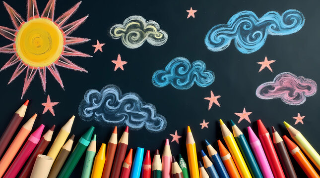 Colorful pencil resting on a blackboard with a child's drawing of the sun and stars