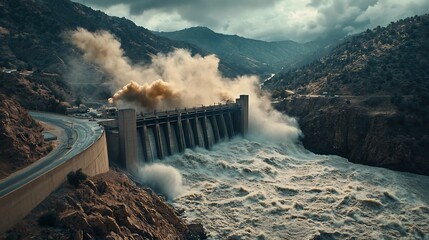 Poster - massive hydroelectric power plant with a towering dam holding back a vast reservoir water rushing th