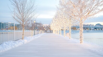 Sticker - Snow-covered walkway with illuminated trees at twilight.