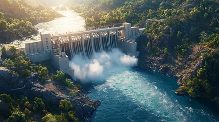 Poster - imposing hydroelectric power plant with a massive dam holding back a vast reservoir water rushes thr