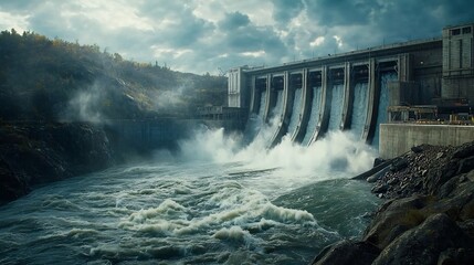 Poster - majestic aerial view of a large hydroelectric power plant with a massive concrete dam holding back a