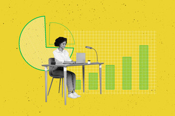 Poster - Creative collage picture young woman employee worker office clerk charts infographic project management progress improvement development