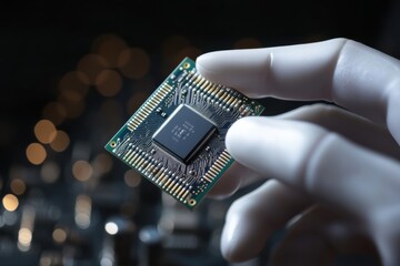 Poster - Close-up of a person holding a computer chip in a laboratory with blurred lights in the background
