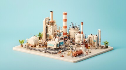 Poster - aerial view of a large natural gas power plant with tall chimneys extensive pipelines storage tanks 