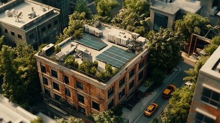 Poster - compact rooftop solar energy system powering an urban industrial factory building in a sustainable c