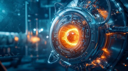 Poster - A futuristic fusion power plant concept featuring advanced plasma reactors and glowing cores in a clean high tech industrial facility