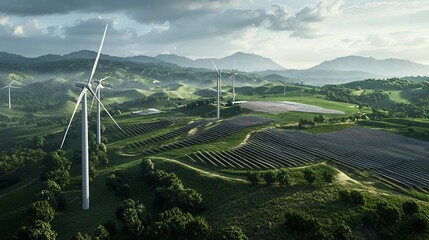 Poster - expansive hybrid renewable energy plant featuring a combination of wind turbines and solar panels in