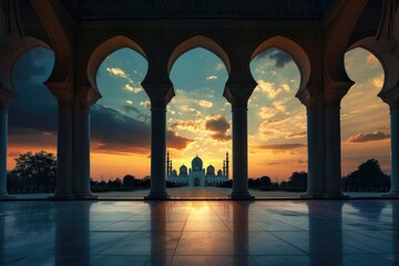 Wall Mural - outdoor floor with mosque silhouette against dramatic sky. islamic theme.