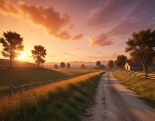 Wall Mural - Charming countryside scene at dusk with glowing orange sky, peaceful, countryside, twilight