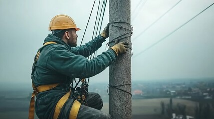 Poster - worker suspended on a safety harness repairing high tension electrical wires on a tall utility pole 