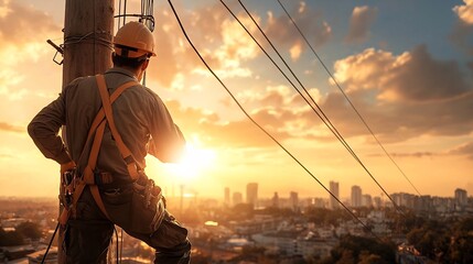 Poster - close up view of a technician carefully connecting insulators to high voltage power lines on a tall 