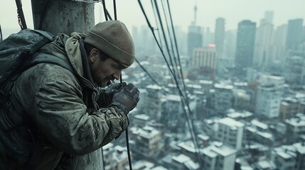 Poster - a close up view of a technician working on connecting insulators to high voltage power lines mounted