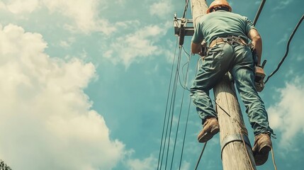 Poster - a lone lineman working high up on a tall wooden power pole repairing a transformer as a railway line