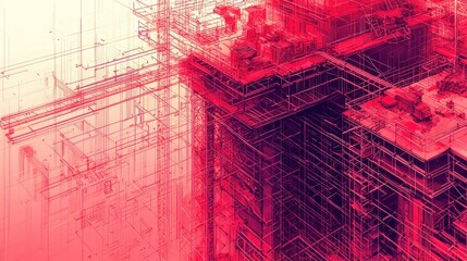 Poster - Abstract representation of a construction site in red hues.