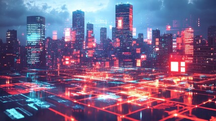Poster - Futuristic medical technology urban landscape double exposure cityscape nighttime digital environment
