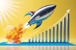 © Kapil - 3d illustration. Rocket aiming for the top of bar graph on yellow background. Success in business concept concept.