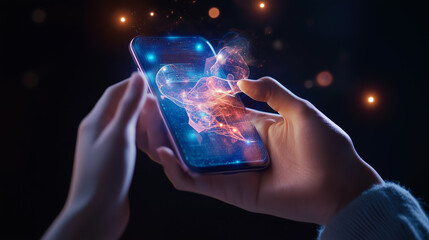 Poster - advanced technology and digital creativity blend together with a hand holding a smartphone, showcasi