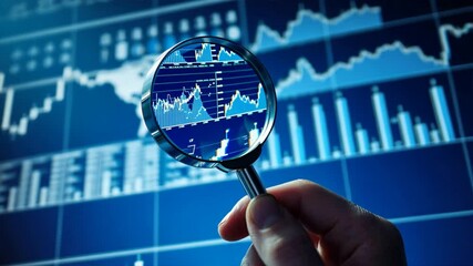 Poster - Analyzing Financial Charts and Graphs with Magnifying Glass Investment Strategies, Data Trends, and Statistics in Digital Business Technology Landscape