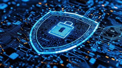 Poster - Illustrated shield surrounded by tech icons, emphasizing cybersecurity 