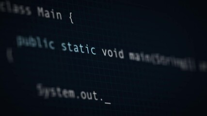 Simple source code text typing animation. Program language running on dark computer screen.