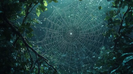 Illustrate an intricate spider web seen from a worms-eye view, emphasizing dew drops, in digital CG