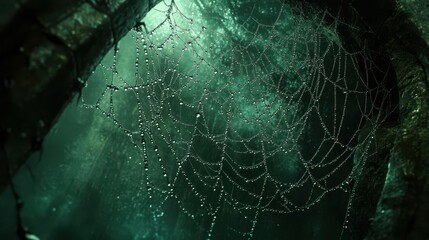 Illustrate an intricate spider web seen from a worms-eye view, emphasizing dew drops, in digital CG