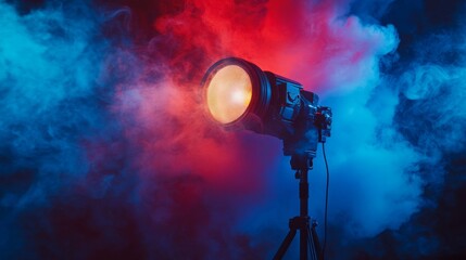 Poster - A retro-style studio spotlight shining brightly through deep, colorful plumes of red and blue smoke in a dark, shadowy setting