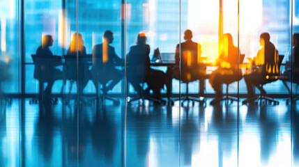 Poster - Silhouettes of professionals in busy office meeting, reflecting teamwork and collaboration