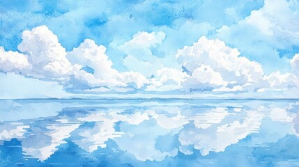 Poster - Serene watercolor sky with soft white clouds reflected in tranquil waters natural landscape artistic view