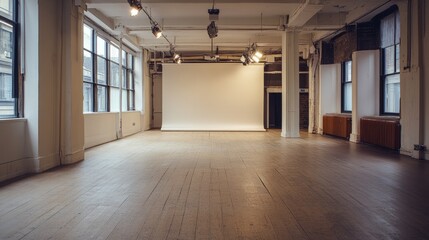 Poster - An empty space featuring professional photography lighting, including softboxes and reflectors, set against a neutral backdrop