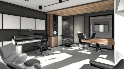 Poster - Architectural plans for a modern music recording studio featuring soundproof rooms, sleek interiors, and advanced audio equipment