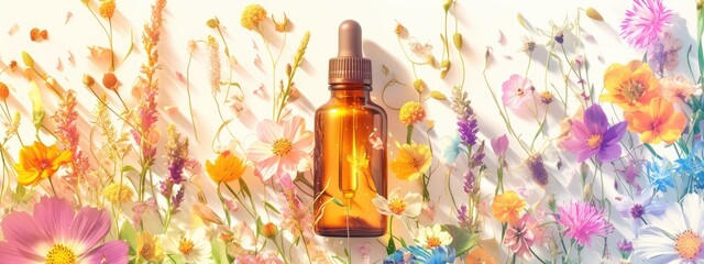 Wall Mural - essential oil of flowers and herbs in a bottle. Selective focus.