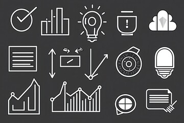 Poster - A collection of minimalist icons representing data analysis, productivity, and technology, including graphs, light bulbs, and checkmarks on a dark background.
